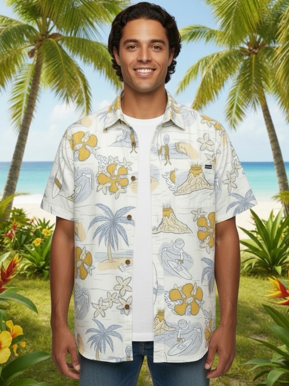 O’Neill Men’s Large Hawaiian Shirt Surf Volcano Floral Tropical Button Up
